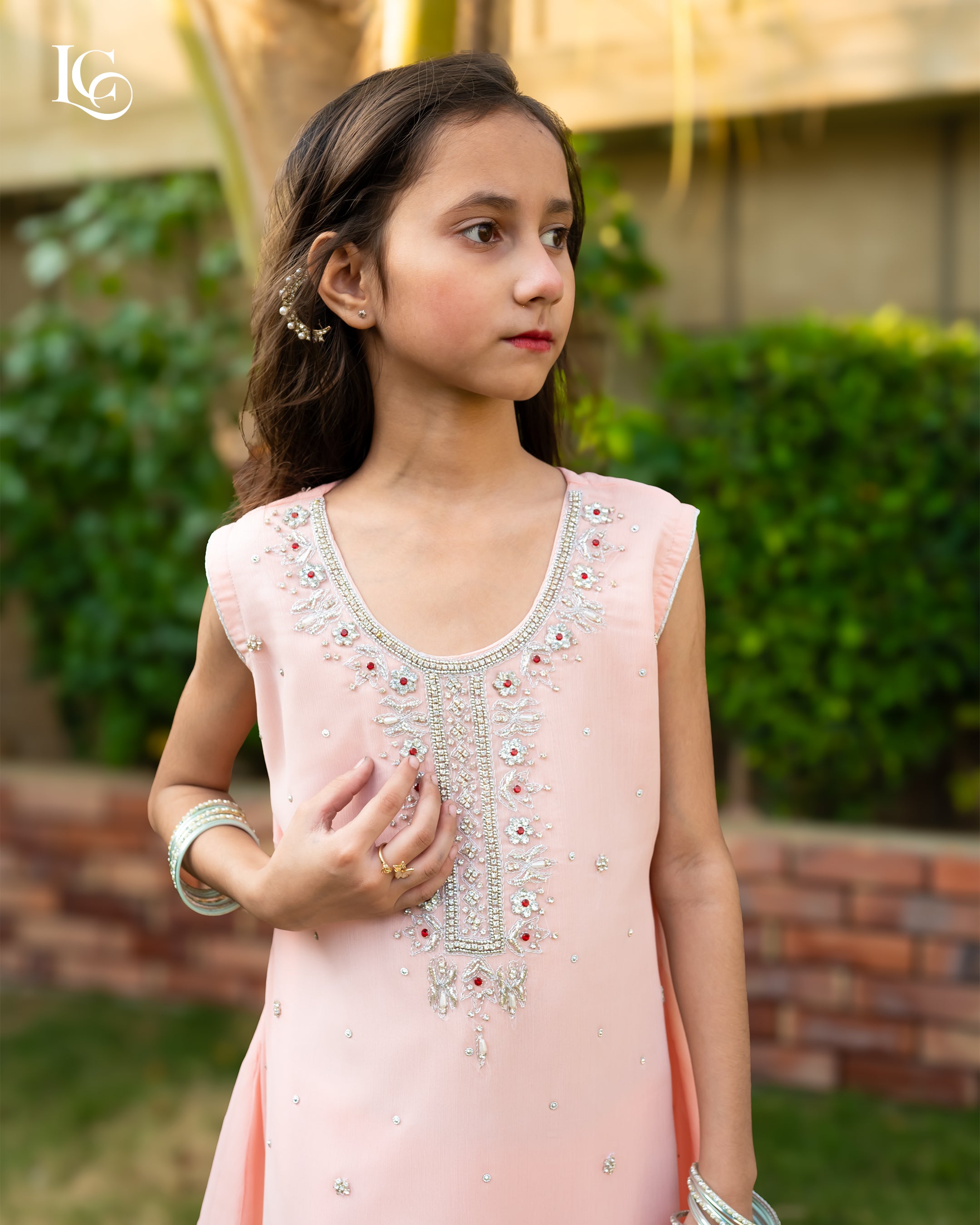 Peach Blossom gala daman with hand work less garara