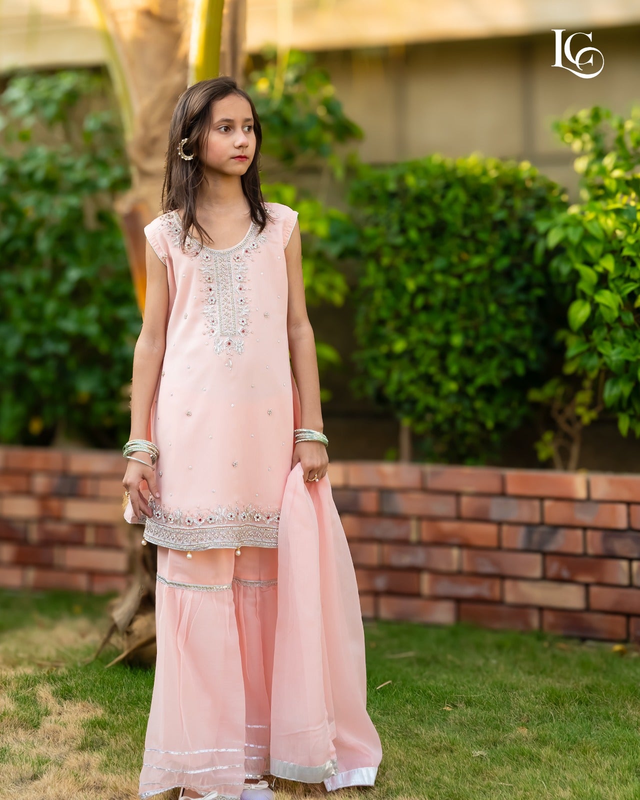 Peach Blossom gala daman with hand work less garara